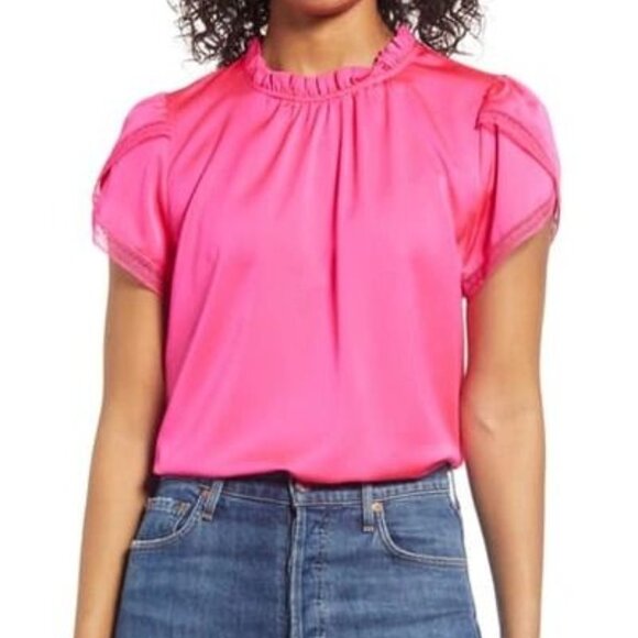 J. Crew Tulip-Sleeve Ruffleneck Top in Neon Fuchsia Pink Size Small - Picture 1 of 11